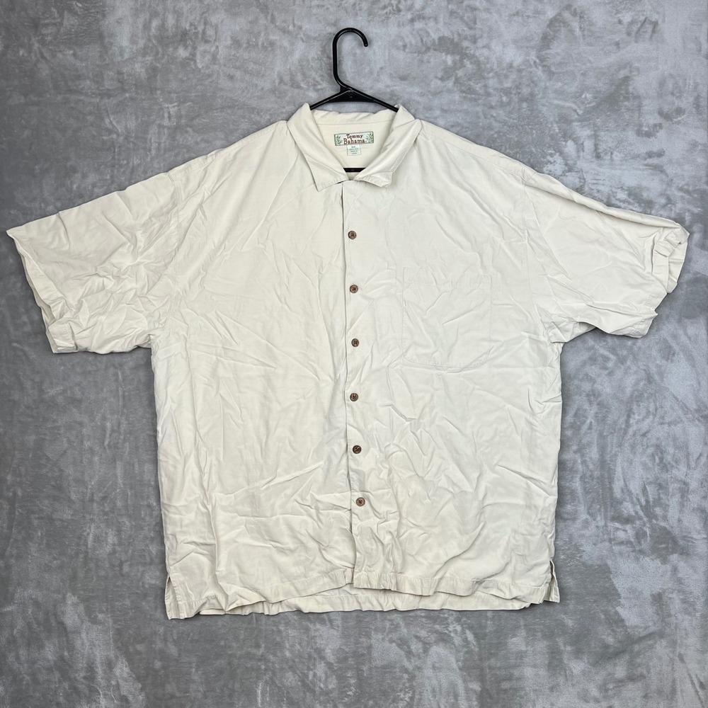 Tommy Bahama Silk Camp Shirt Mens XXL Beige‎ Short Sleeve Button Up Casual